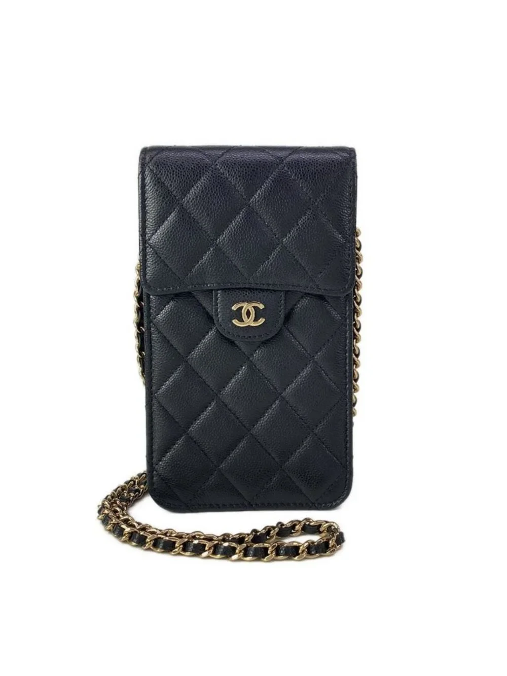 Chanel Shoulder Bag Quilted Black Gold Phone Strap Case Chain
